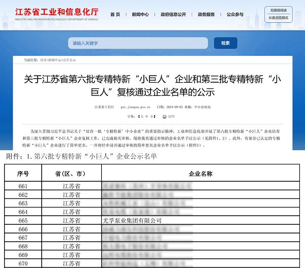 尤孚泵业集团荣获国家级专精特新“小巨人”称号